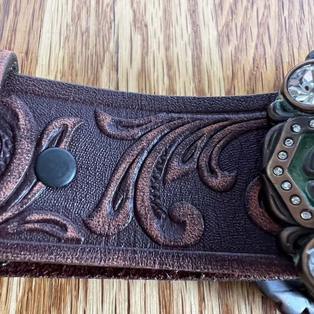 Tony Lama Brown Tooled Leather Swarovski Crystals‎ Concho Cross Western Belt 38